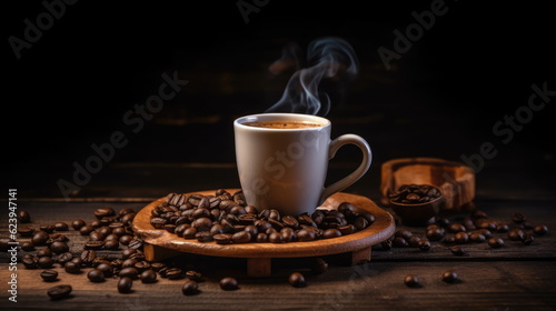 hot coffee with coffee beans on wood table © waranyu