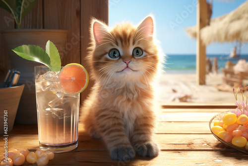 A smiling cute cat sitting in a summer beach cabin and a glass of iced lemonade on the table. Generative AI 