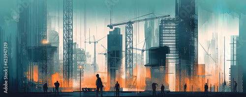Illustration digital building construction engineering with double exposure graphic design. Building engineers, architect people, or construction workers working. Generative AI