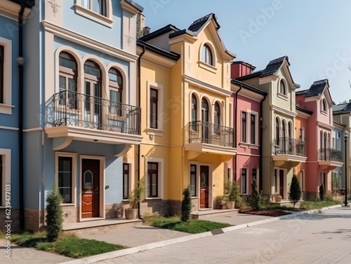 Colorful stucco traditional private townhouses residential architecture exterior generative ai