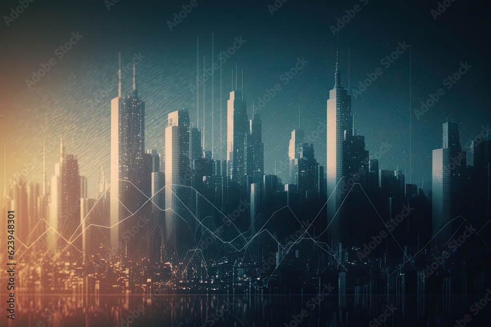 city skyline with a line graph superimposed in the foreground. Generative AI