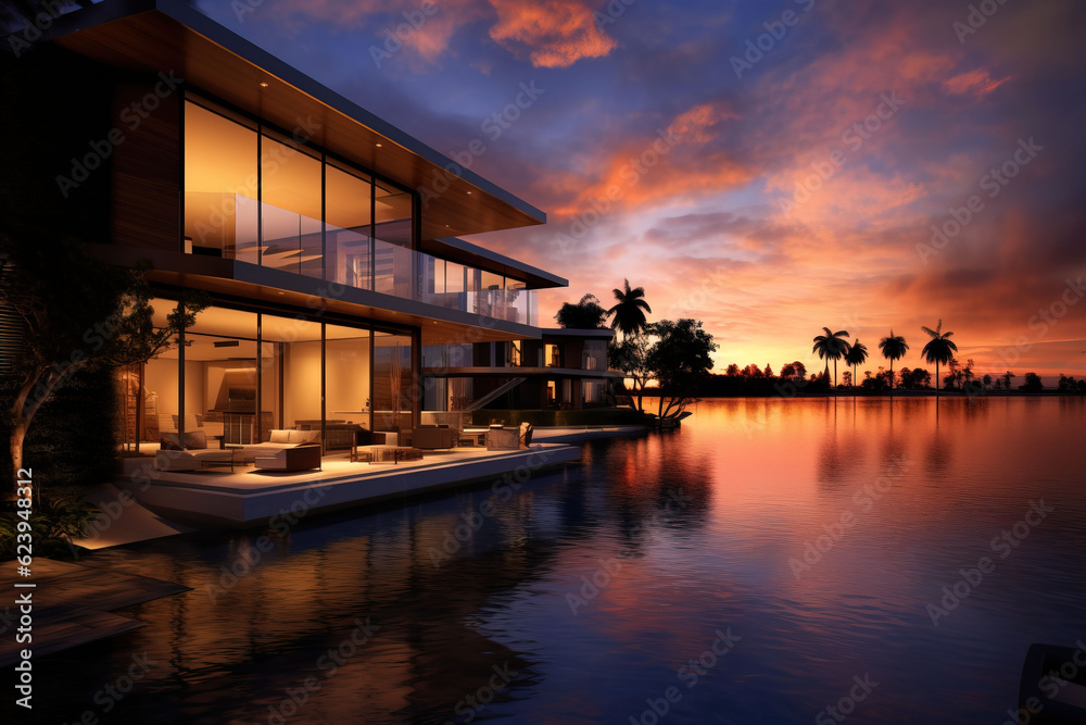 Photo modren house sunset view in beautiful place 3d rendering Photo modren house sunset view in beautiful place 3d rendering