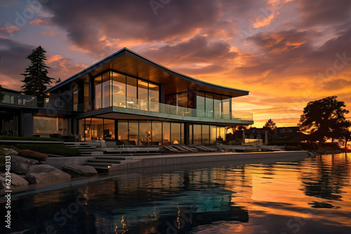 Photo modren house sunset view in beautiful place 3d rendering