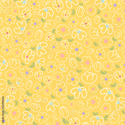 Yellow background vector. Flower background pattern. Tropical plant line arts. Vector illustration.