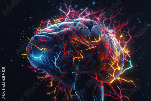 energy of the mind, showcasing the working colorful human brain with active nerve cells and the neural network in action, thinking and learning, learn, colorful, mental, axon, creativity, thoughtful