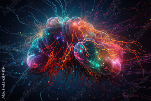 Energy of brain fractal realms, Intricate Neural Network: Abstract Illustration of Brain with Vibrant Connections, generative AI