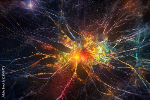 Gold Bright Neuronal learning Energy, 3d neurons forge new connections, brain's cognitive abilities, Colorful Neurons in Brain, Motley brain's neurons fire in vivid synchrony, deep concentration focus