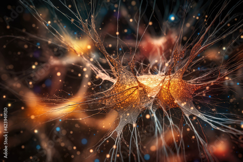 Gold Bright Neuronal learning Energy, 3d neurons forge new connections, brain's cognitive abilities, Orange Neurons in Brain, Bright brain's neurons fire in Yellow synchrony, deep concentration focus