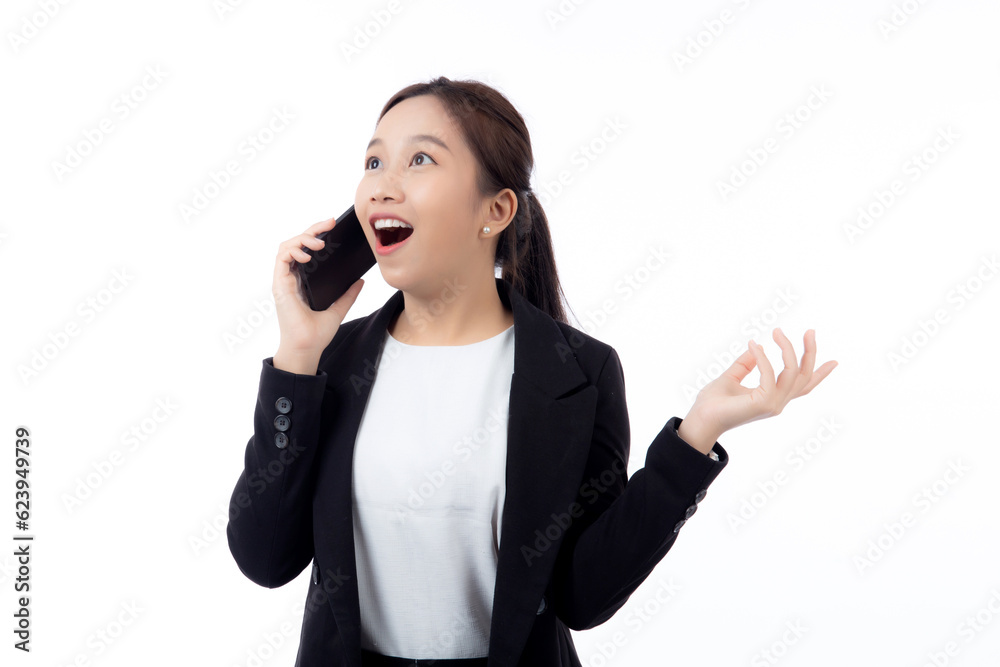 Young asian business woman in suit talking on smart phone isolated on white background, businesswoman speaking on smartphone with conversation, female holding cell phone, communication concept. Young asian business woman in suit talking on smart phone isolated on white background, businesswoman speaking on smartphone with conversation, female holding cell phone, communication concept.