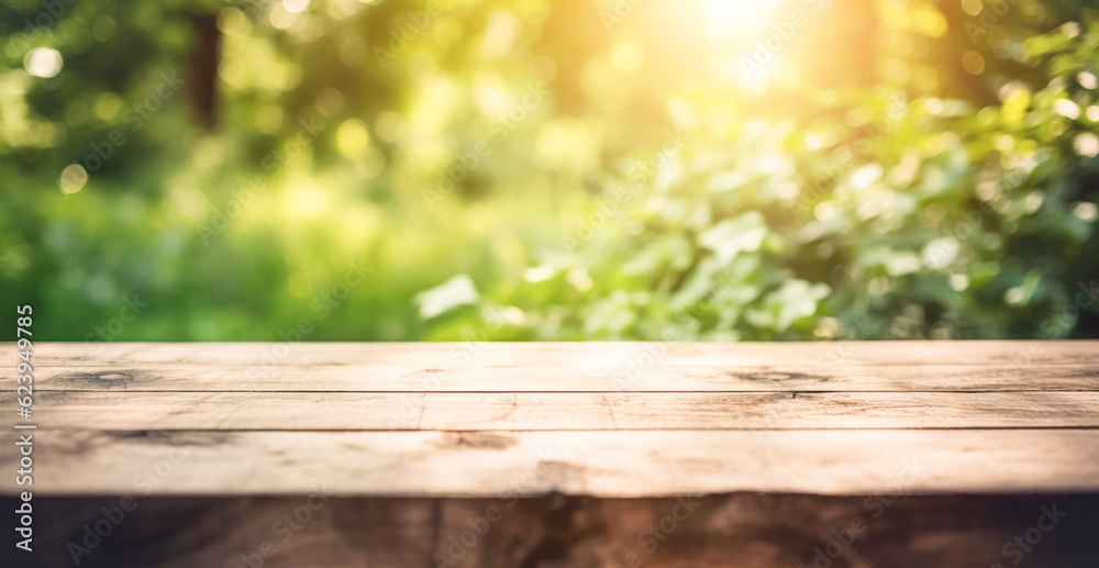 Empty wooden table top, texture board, on a blurred background of an orchard, trees in blurred bokeh Empty wooden table top, texture board, on a blurred background of an orchard, trees in blurred bokeh