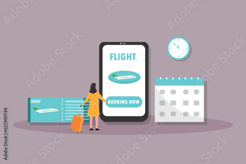 Woman buying flight ticket online on mobile phone application, flat design illustration