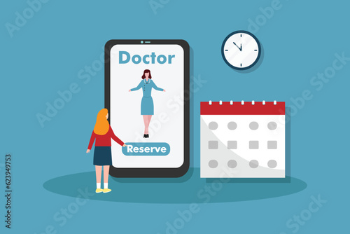 Reserved doctor vector concept: Young woman reserved doctor on mobile application while touching her smartphone