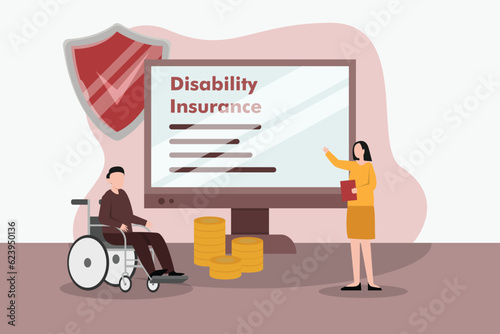 Man in a wheelchair looking at online disability insurance coverage on a computer monitor 