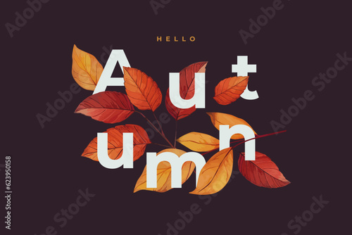 Hello Autumn illustration with phrase decorated with beautiful bright leaves on dark wine red colored background. Design for label, card, Sales or promotional poster, flyer, web or social media banner