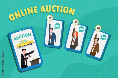 Online auction vector concept: Young auctioneer offering car in online auction while group of people bidding on mobile phone