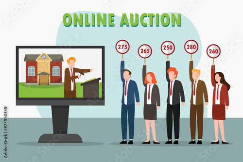 Online auction vector concept: Group of people bidding in online auction while holding paddle auction