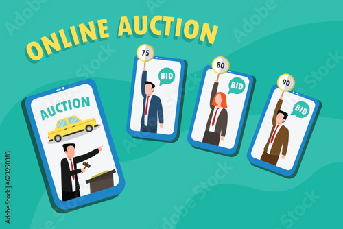 Online auction vector concept: Young auctioneer offering car in online auction while group of people bidding on mobile phone