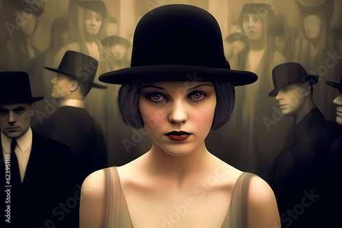 portrait of young fashionable 1920s style German woman with foreboding figures behind photo