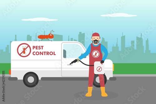 Pest control vector concept. Pest control worker with his truck