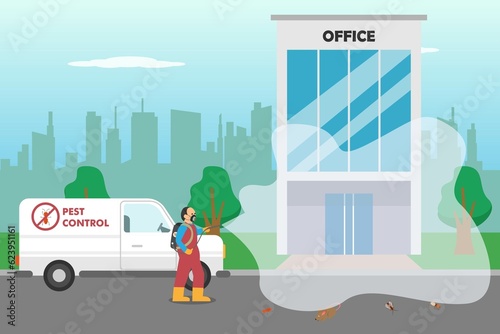 Pest control worker spraying insecticide at office