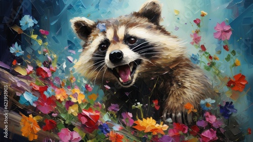 Raccoon with fantasy forest colorful butterflies and flowers background. Generative AI