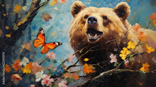 Brown bear or Grizzly bear with fantasy forest colorful butterflies and flowers background. Generative AI © Virtual Art Studio