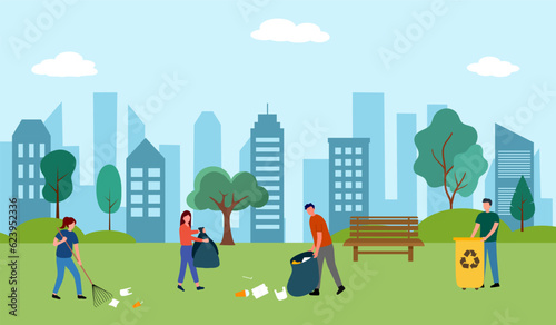 Volunteer people cleaning park in flat design.