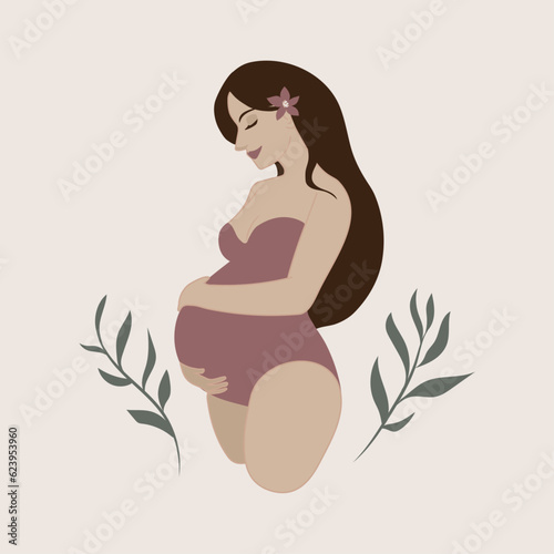 boho style pregnant woman illustration. image for art print, decoration, subjects about maternity, cartoon art with neutral colors. minimalist, flat design. mothers day