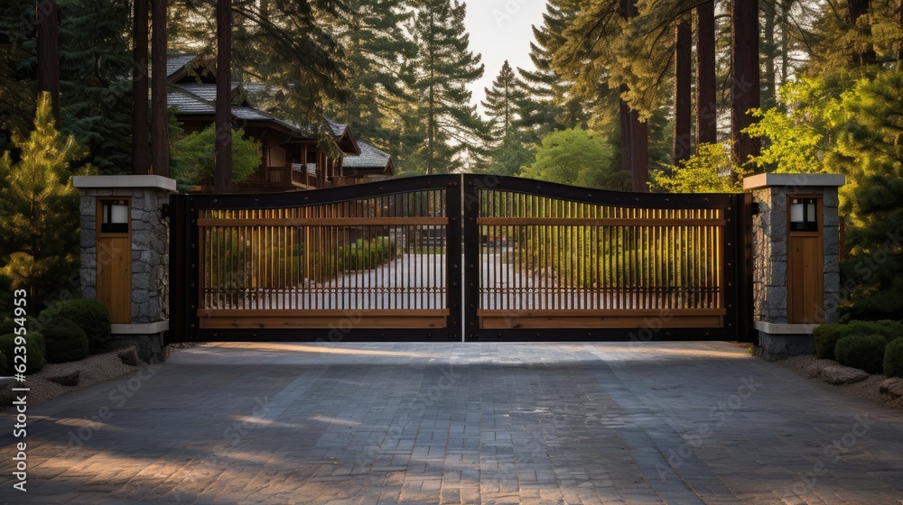 a large gate with gates, open in the woods, in the style of streamline elegance, dark bronze and light black, tenwave, opacity and translucency, wlop, tumblewave, natural materials 