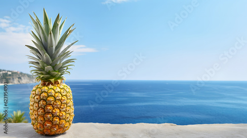Table with a pineapple with view sea ocean and clear summer sky, copy space