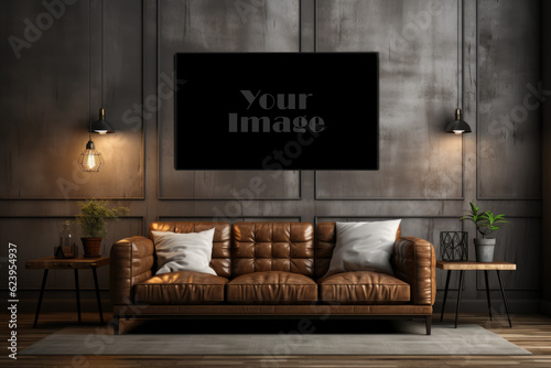 Horizonal frame poster art mockup living room gray wall art display