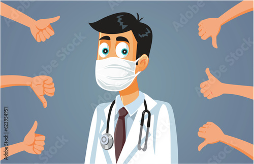 Medical Doctor Receiving Mixed Reactions from Patients Vector Cartoon Illustration. Controversial physician having different feedback 

