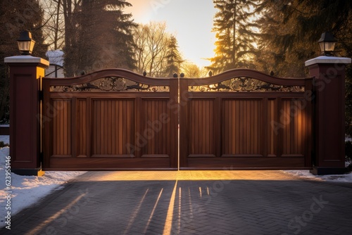 a wooden gate with sunrise image, in the style of dark amber and gold, engineering/construction and design, vray, fujifilm pro 400h, grzegorz domaradzki, wealthy portraiture, light maroon and brown photo