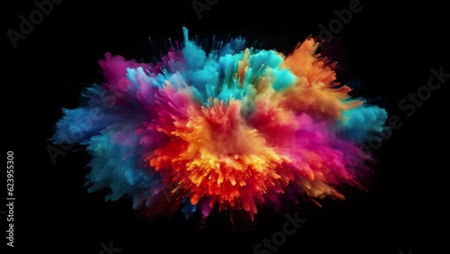 Slow motion shot of color burst waves. Iridescent multicolor colorful pigment smoke, powder, fluid, ink particles. Explosion powder rainbow colors in the center on black background.