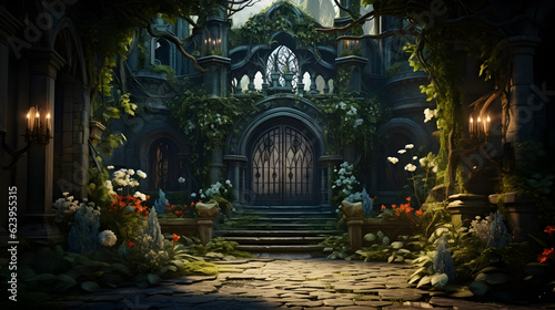 magical old gate with ivy 3D render illustration Generative AI © kitti