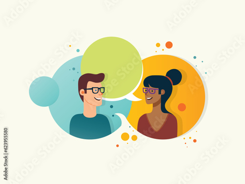 Engaging constructive Conversation: A Vector Flat Illustration of a Man and Woman Chatting in Harmony; Social interaction; Dating approach; Customer service staff
