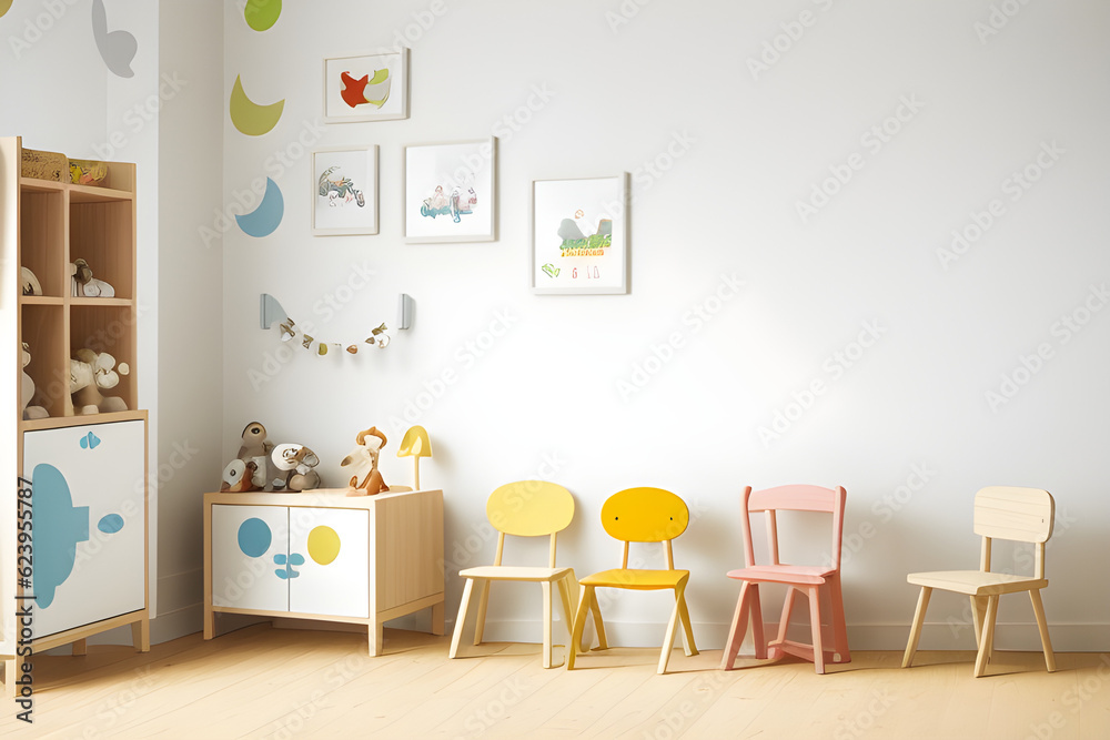 Scandinavian interior design playroom with wooden cabinets, armchairs, lots of plush and wooden toys. Stylish and cute kids room decoration. White wooden background wall. Templates.