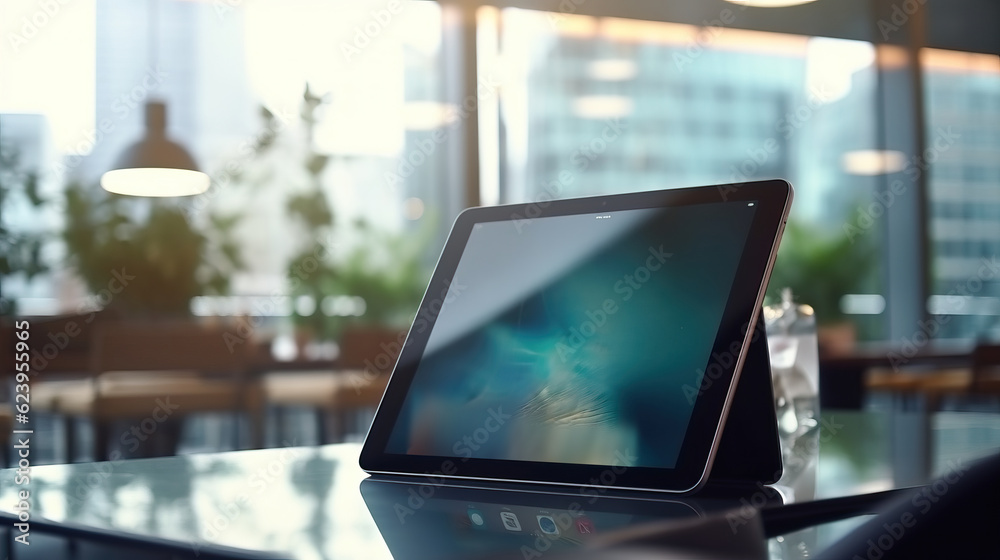 tablet screen at modern cafe in the city. generative AI.
