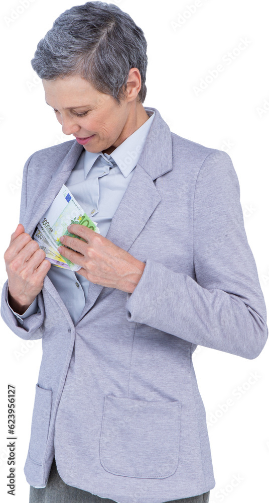 Digital png photo of caucasian woman holding banknotes on transparent background
