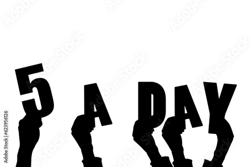 Digital png silhouette image of hands holding 5 a day text on transparent background