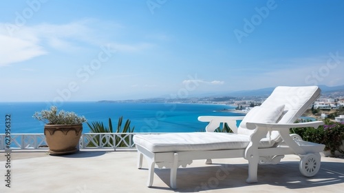 White deck chair on the terrace with a stunning sea view under blue sky on a sunny day generative ai