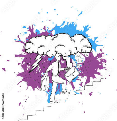 Digital png illustration of businessman on stairs over storm and stains on transparent background