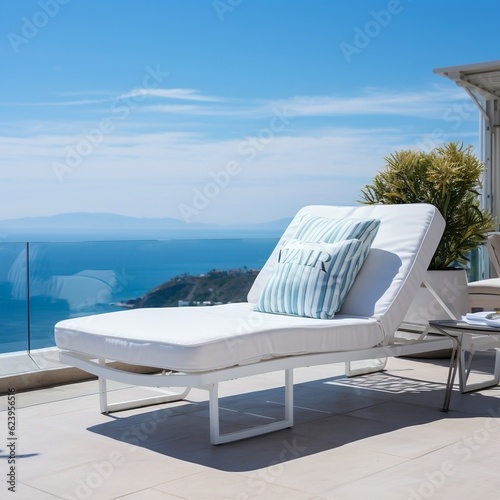 White deck chair on the terrace with a stunning sea view under blue sky on a sunny day generative ai © tanjidvect