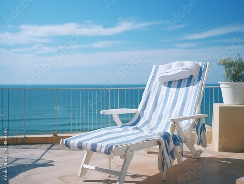 White deck chair on the terrace with a stunning sea view under blue sky on a sunny day generative ai © tanjidvect