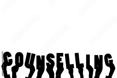 Digital png illustration of hands with counselling text on transparent background