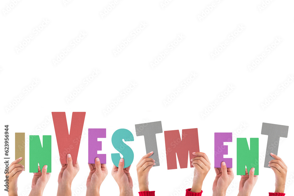 Digital png illustration of hands with investment text on transparent ...