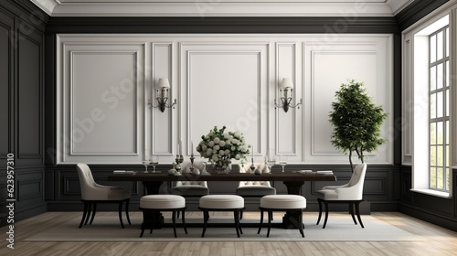 Black chairs and wooden dining table against classic white paneling wall interior design of the modern dining room generative ai © tanjidvect