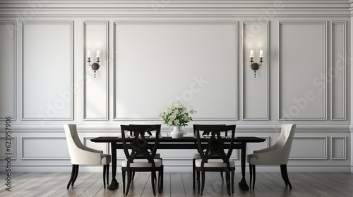 Black chairs and wooden dining table against classic white paneling wall interior design of the modern dining room generative ai