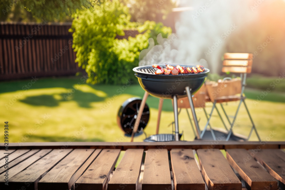 barbecue grill on the garden, summer time in backyard garden with grill BBQ, wooden table, Ai Generate barbecue grill on the garden, summer time in backyard garden with grill BBQ, wooden table, Ai Generate