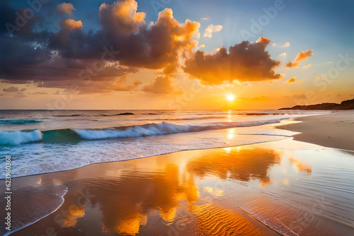 Golden sunset on the beach with reflection on the yellow sand. Sea waves crashing against the shore
